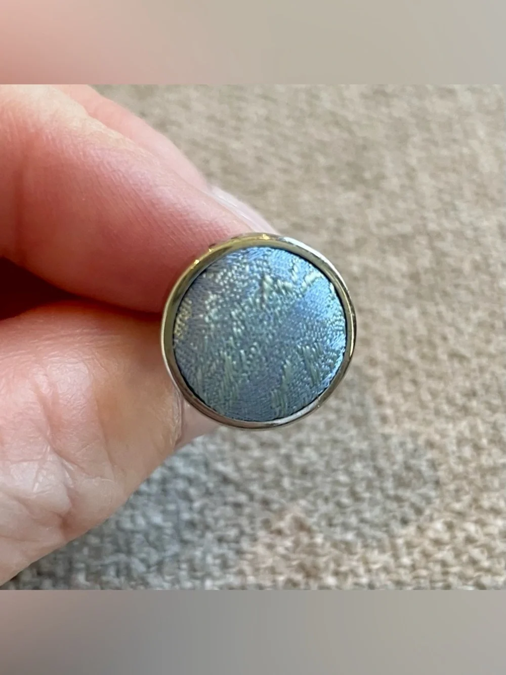 Silvertone Light Blue Brocade Fabric Round Cuff Links Men’s Formal Wedding Work